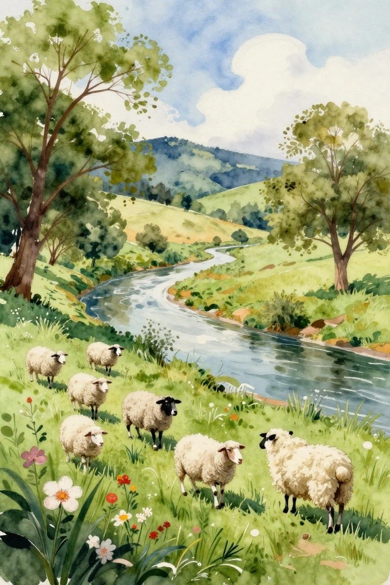A watercolor painting of several white sheep with black faces grazing on grass beside a winding river with trees and hills in the background.