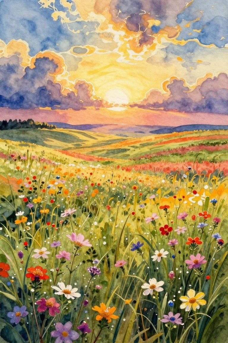 Vibrant watercolor meadow of colorful wildflowers under dramatic sunset sky with rolling hills