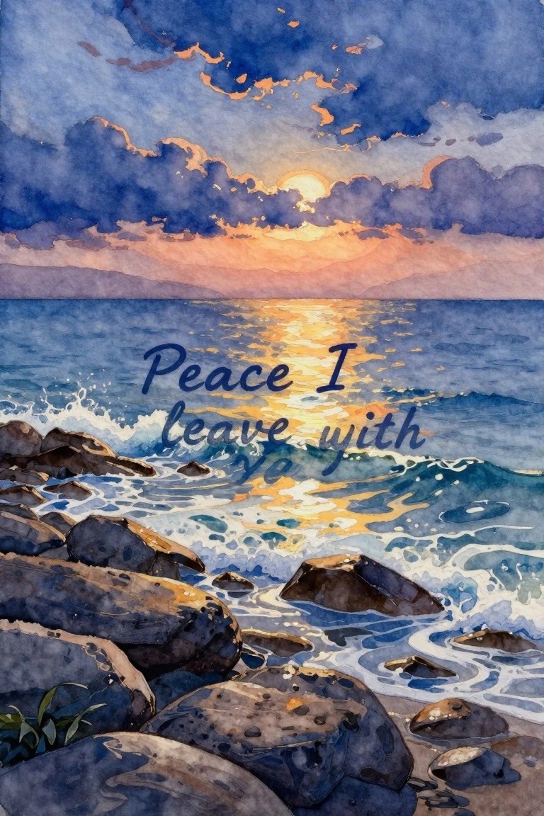 Watercolor ocean sunset with golden reflections, crashing waves on rocks, and text 