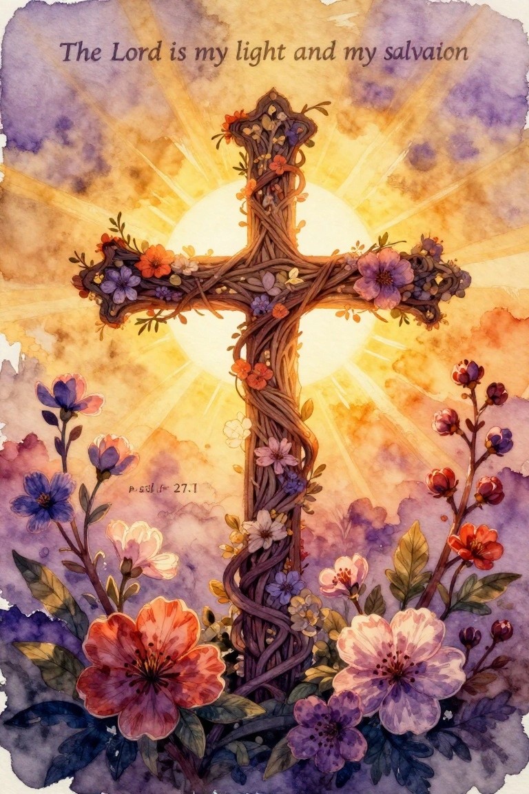 Watercolor cross entwined with colorful flowers and vines before a radiant sun