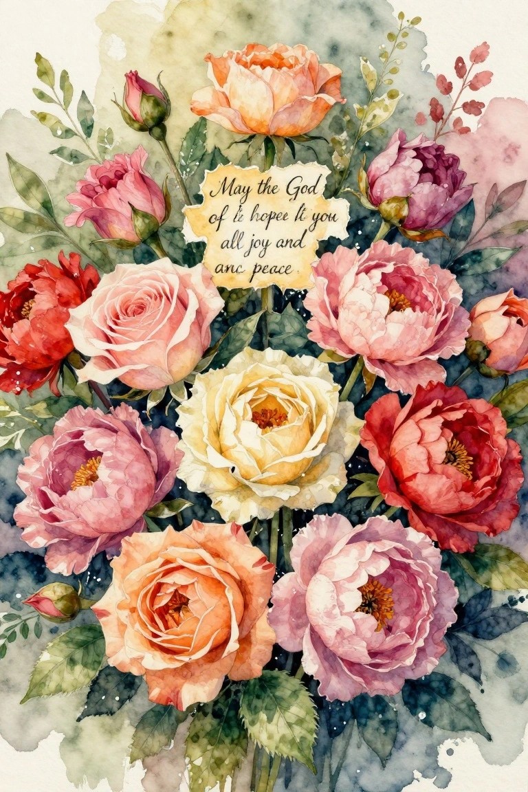 Vibrant watercolor bouquet of multicolored roses and peonies with overlaid quote.