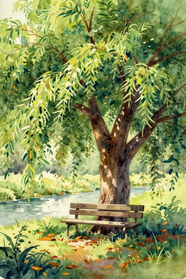 Watercolor of wooden bench beneath large tree by calm river with fallen leaves.