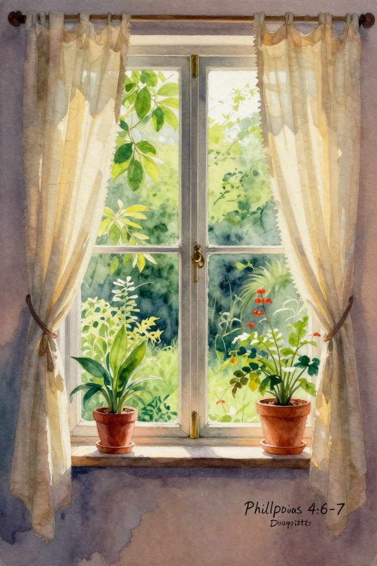 Watercolor of window with tied sheer curtains, potted plants on sill, green foliage beyond