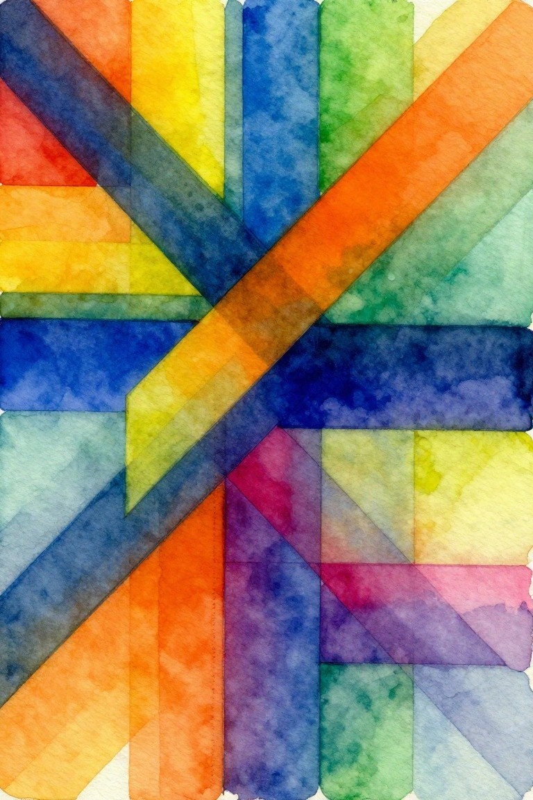 Abstract watercolor with overlapping colorful stripes and geometric shapes in vibrant hues.