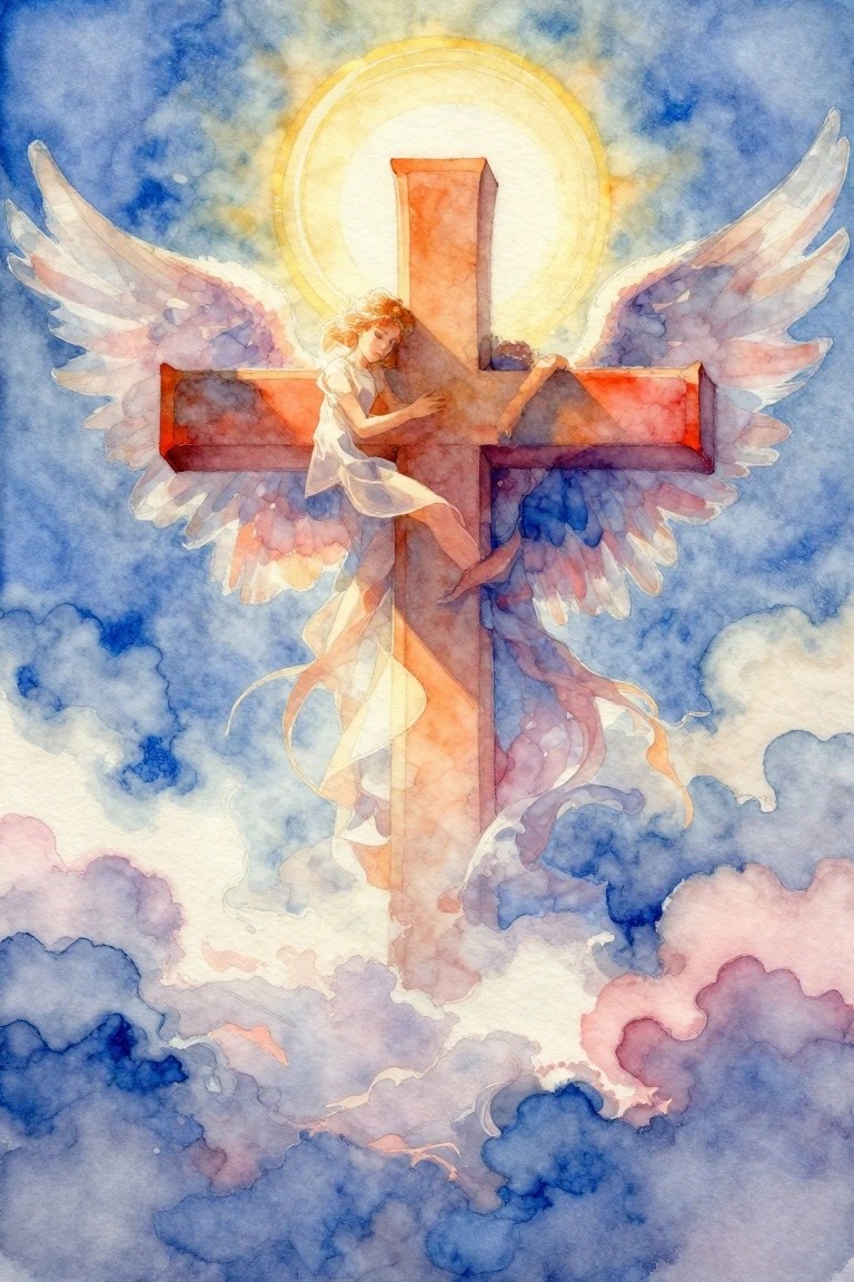Watercolor angel with vibrant wings embracing glowing cross amid blue and pink clouds