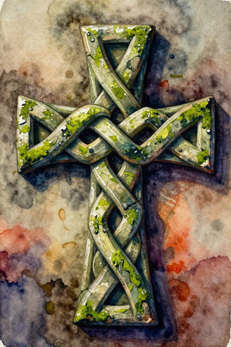 Mossy Celtic cross with intricate knots and water droplets in watercolor style