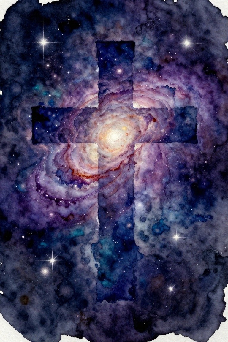 A watercolor painting shows a dark cross shape overlaid on a colorful spiral galaxy with stars and nebulae in blues, purples, and pinks.