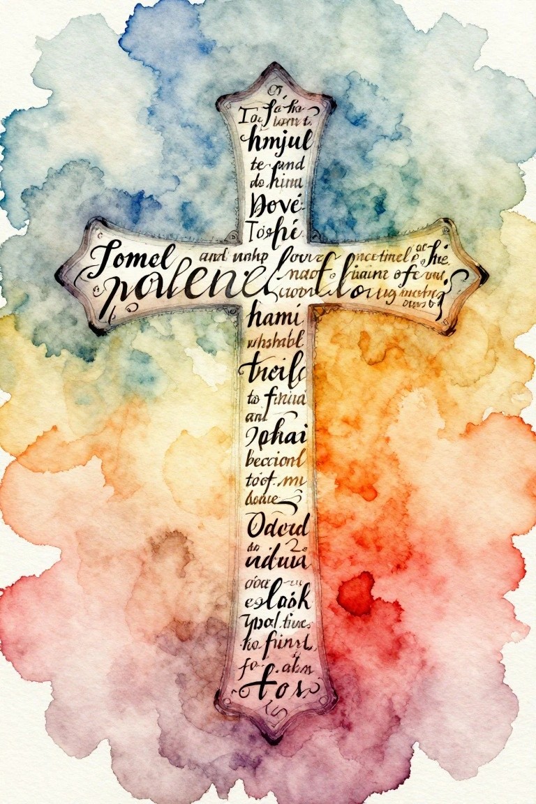 Watercolor cross with calligraphy text over blue-to-red abstract background splashes.