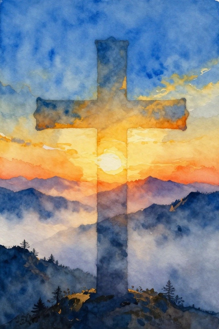 Watercolor cross silhouetted against glowing orange sunset over misty mountains