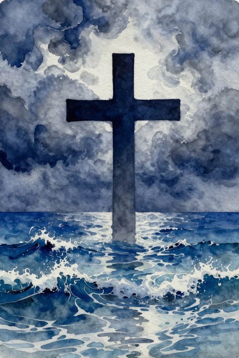 Dark cross rising from turbulent blue waves under stormy cloudy sky, watercolor style