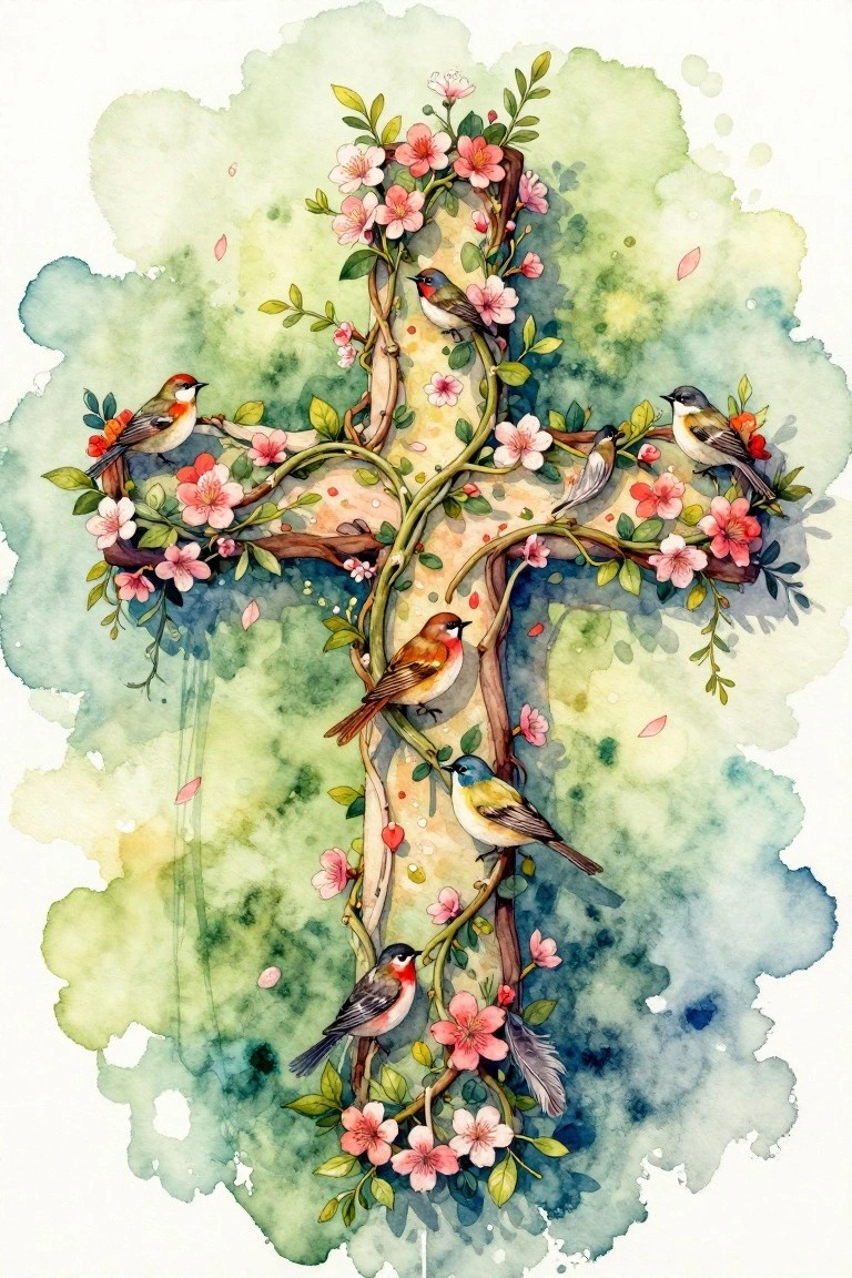 Watercolor cross with pink flowers, vines, and colorful perched birds on green background