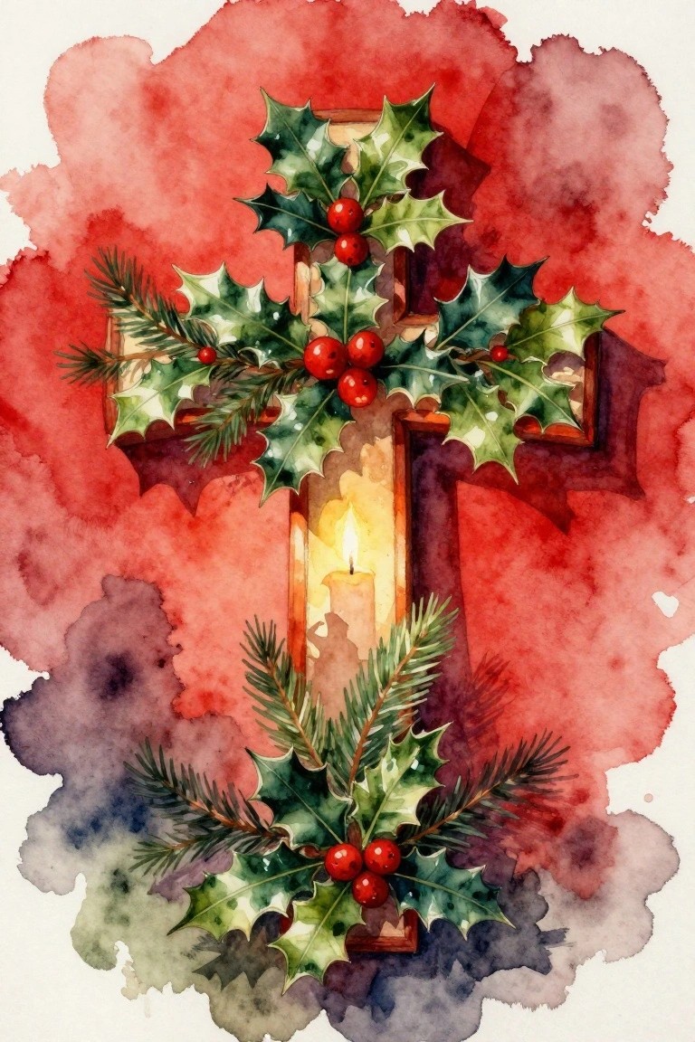 Watercolor of wooden cross with holly, red berries, pine branches, and glowing candle.