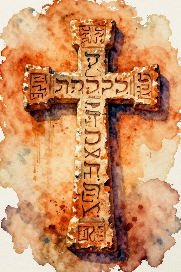 Weathered cross with Hebrew inscriptions in orange-brown watercolor splatters