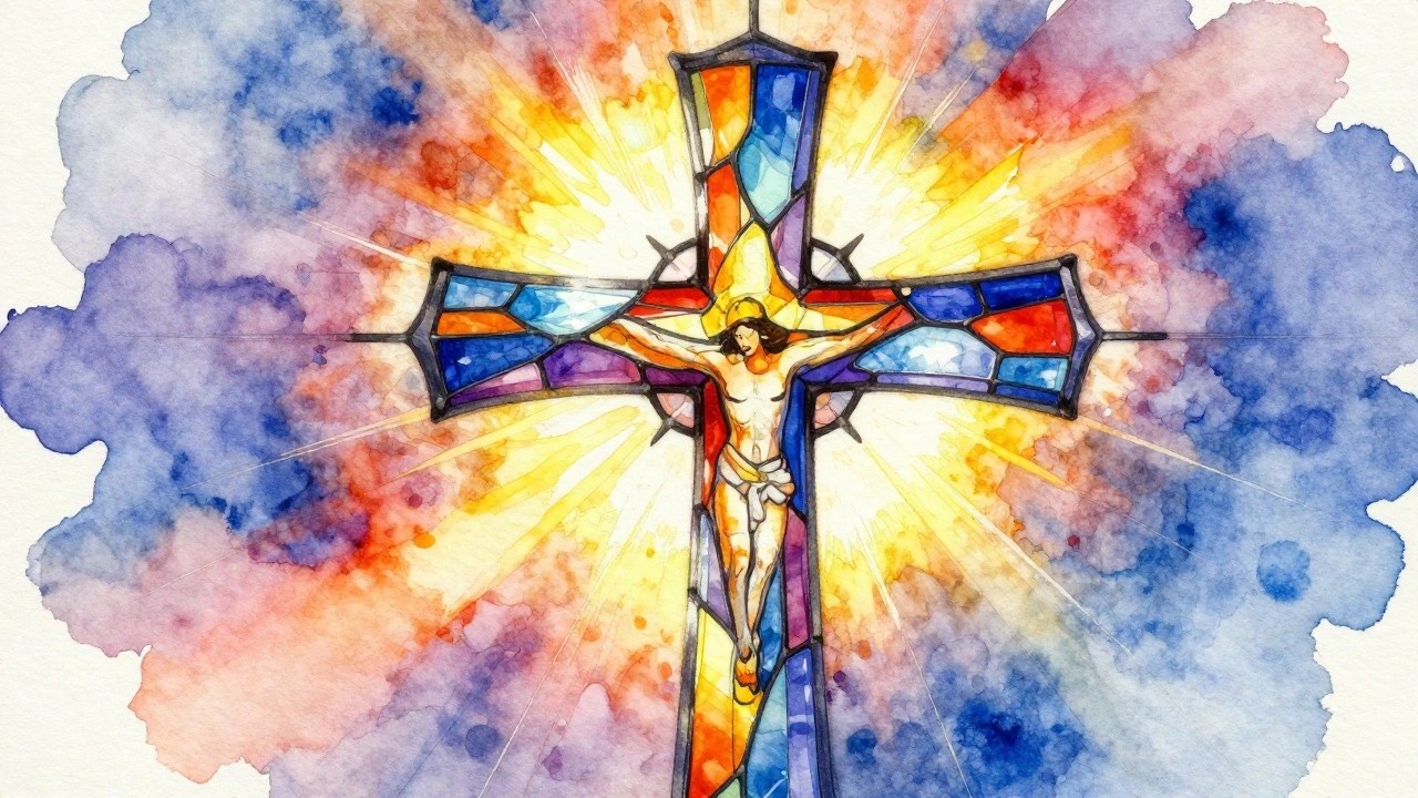Stained glass crucifix with Jesus amid vibrant watercolor clouds and radiant light rays.
