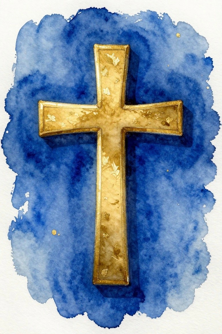 A golden cross with leaf patterns and gold flecks on a blue watercolor background.