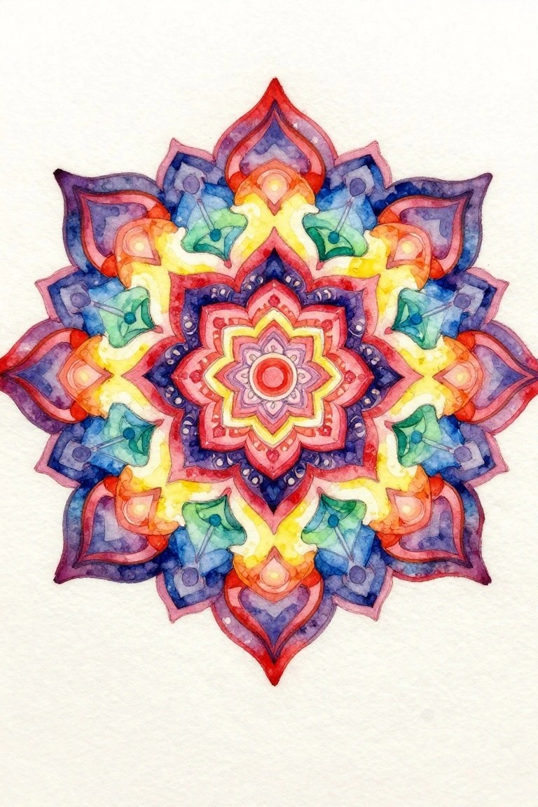 A colorful watercolor mandala with rainbow petal layers and geometric details centered on white paper.