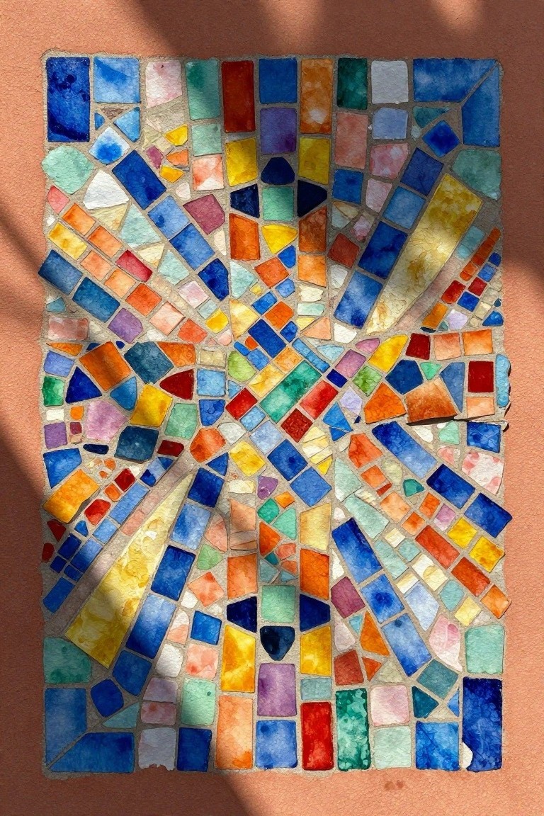 Vibrant mosaic of colorful glass tiles in radiating patterns on peach wall