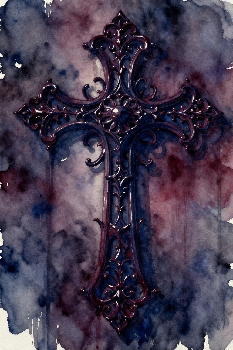 Ornate glossy purple cross with floral details on abstract blue-purple watercolor background