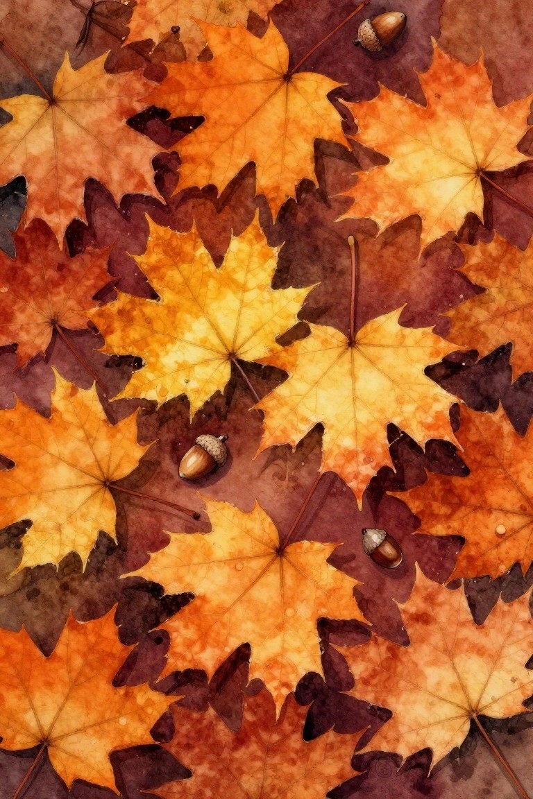 Watercolor of overlapping orange and yellow autumn maple leaves with scattered acorns