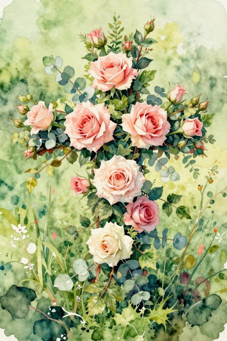 Watercolor of blooming pink and white roses with green leaves and buds