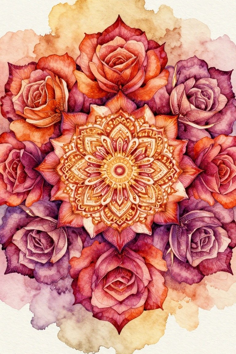 A circular mandala painting made of orange and purple roses surrounding an ornate central flower design on a soft watercolor background.