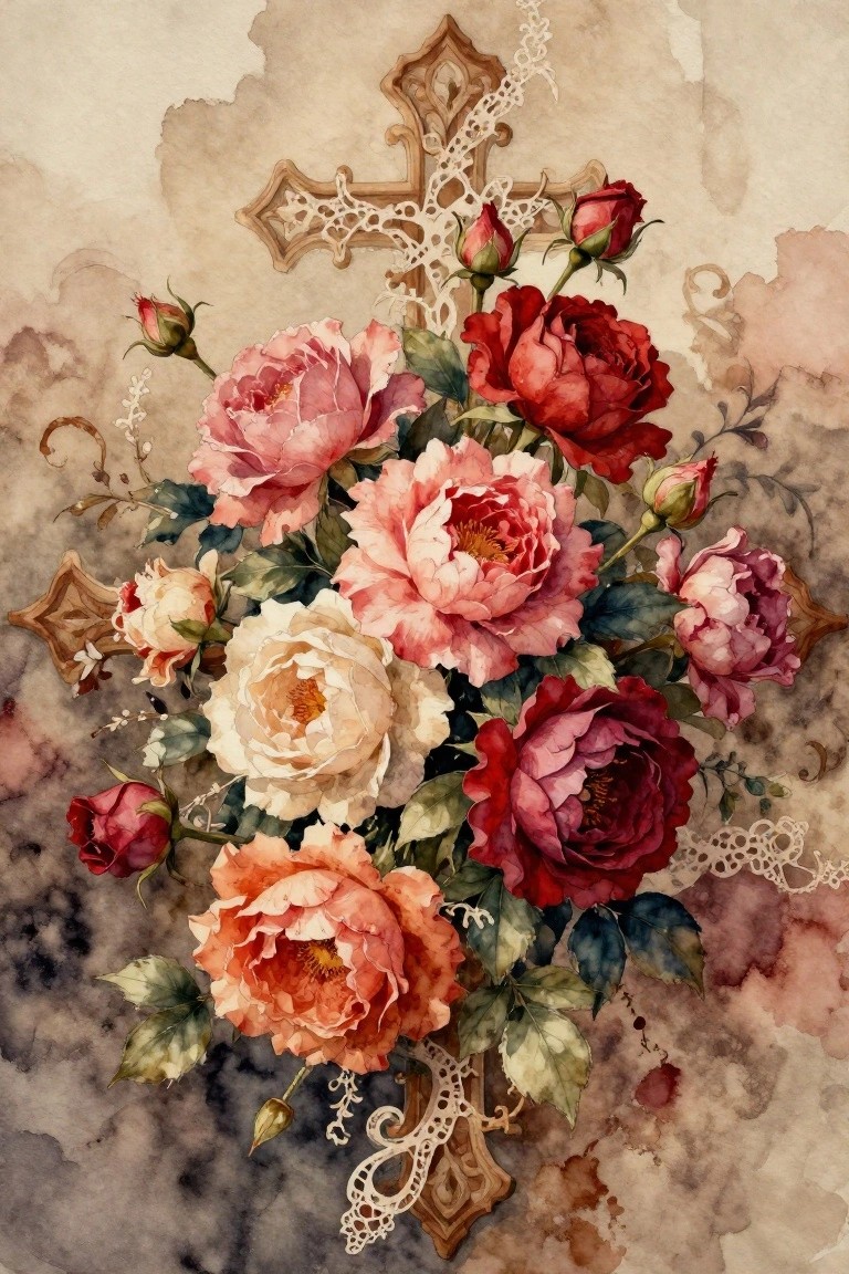 Watercolor bouquet of pink and red roses with ornate cross and lace.