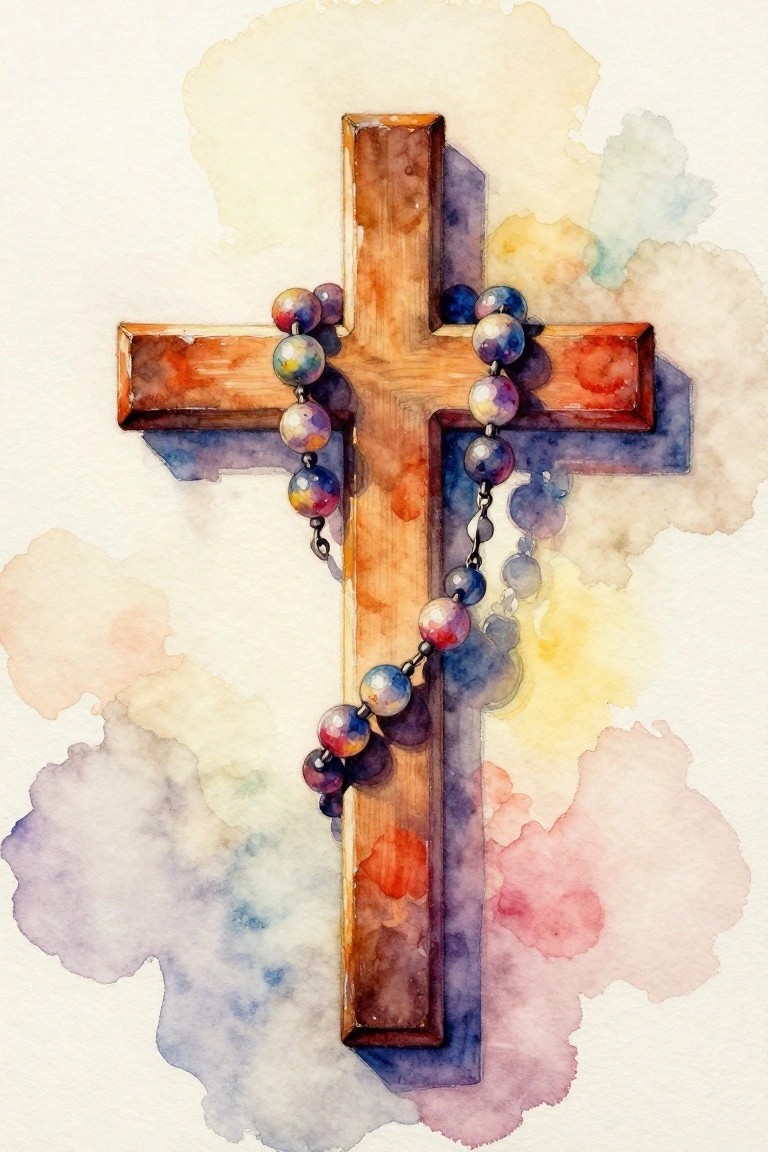 Watercolor wooden cross draped with colorful rosary beads on abstract background.