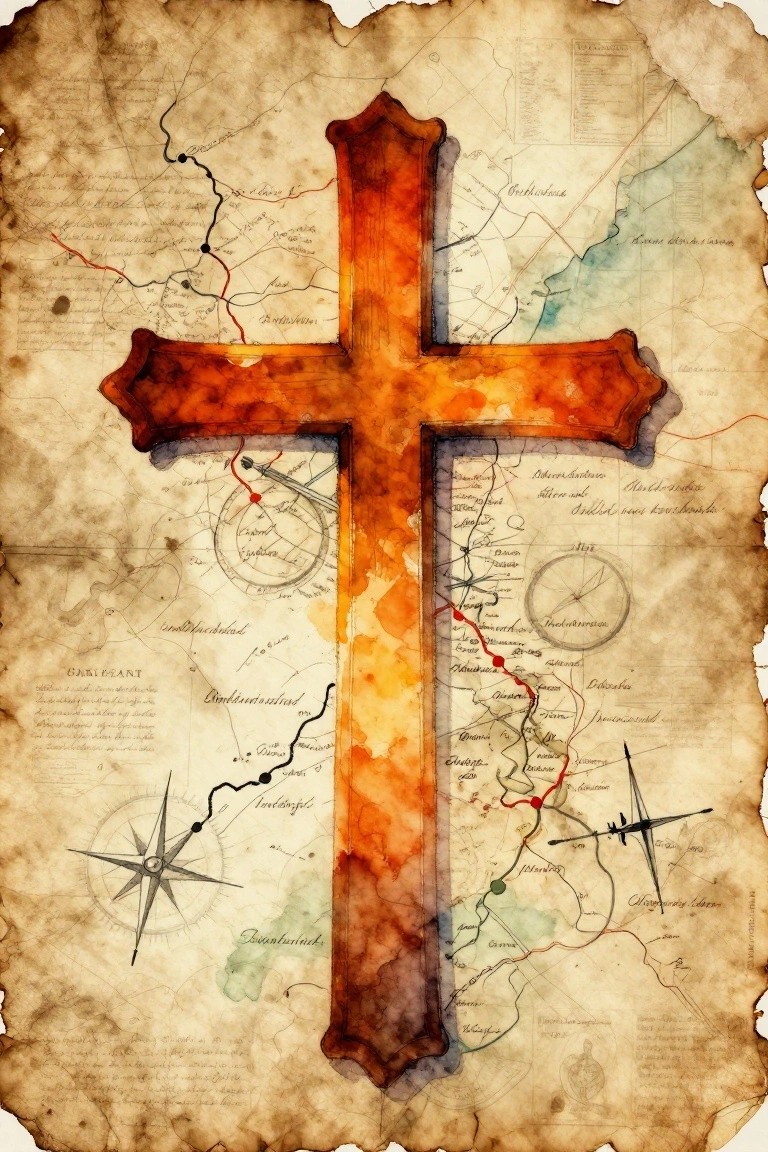 Aged parchment map overlaid with large fiery orange cross and compass roses
