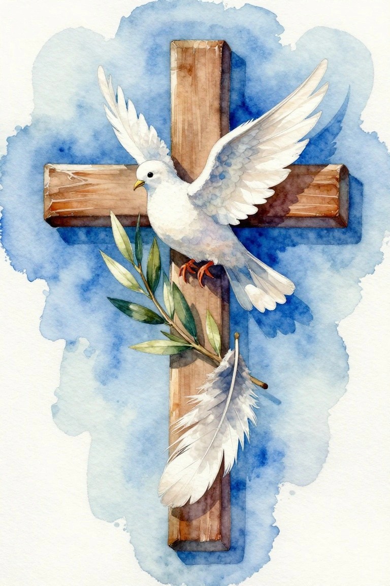 A white dove holding an olive branch perched on a wooden cross with a feather hanging below against a blue watercolor background.