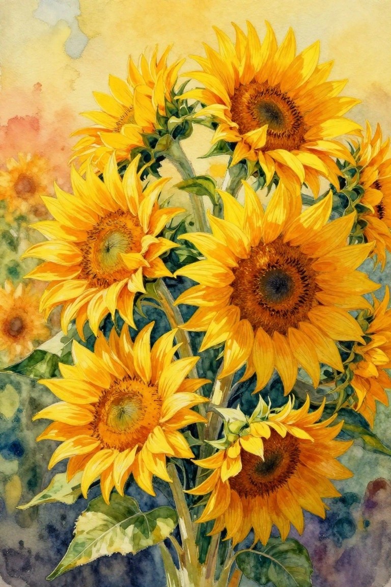 Vibrant yellow sunflowers with brown centers and green leaves in watercolor style