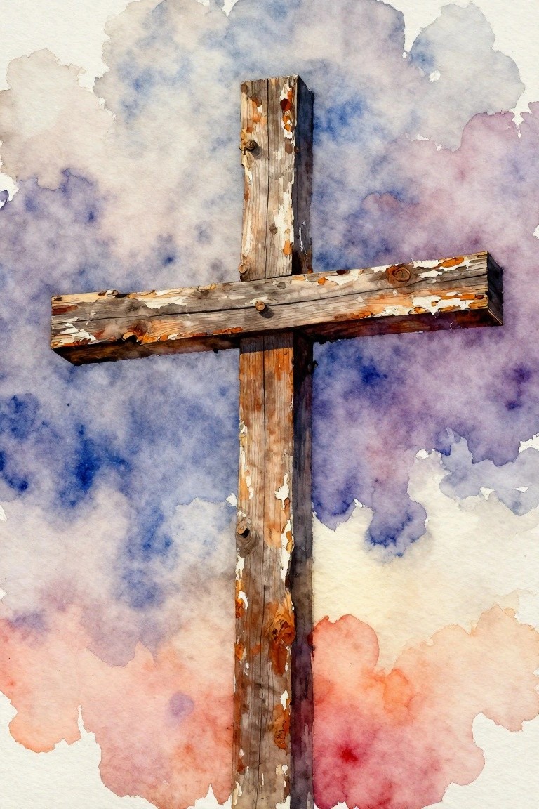 Weathered wooden cross against blue purple and pink watercolor sky background.