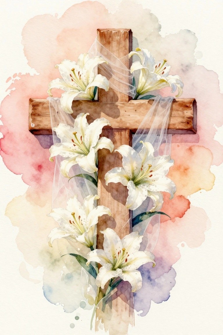 Rustic wooden cross with white lilies and sheer veil on soft watercolor background