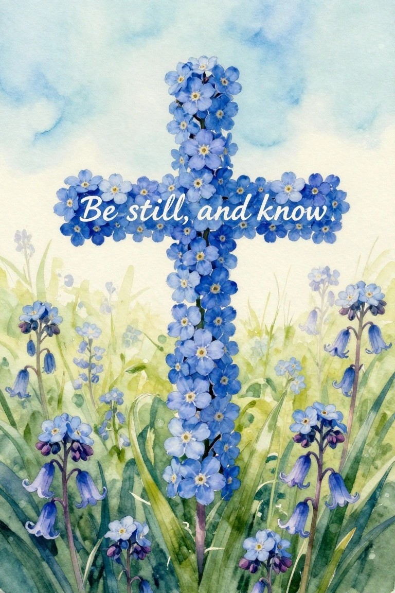 Watercolor blue flower cross with 