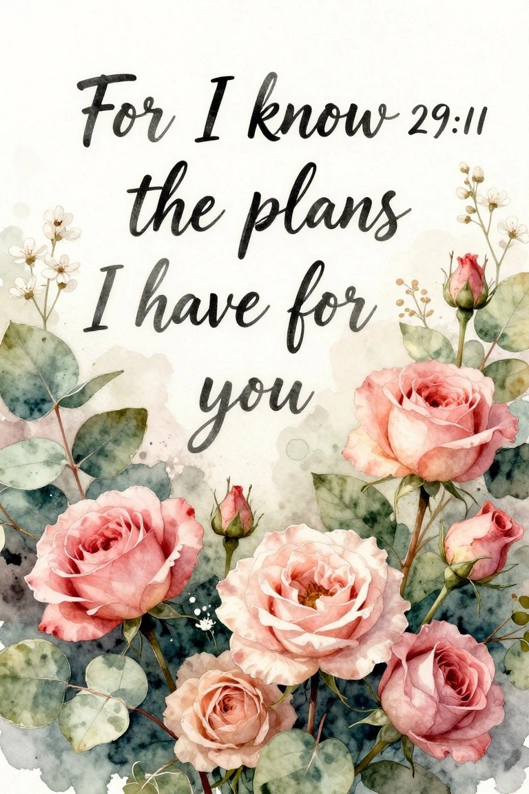 Watercolor painting of pink roses and green leaves with the text 