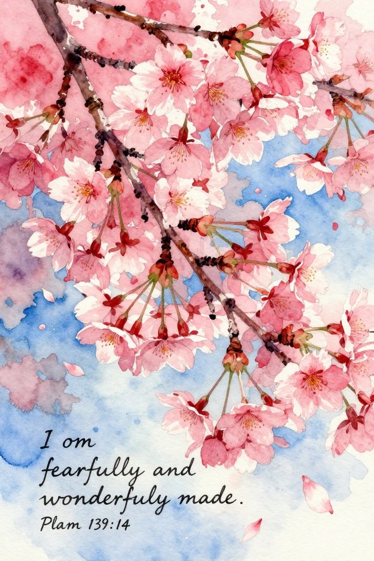 Watercolor pink cherry blossoms on branches with Bible verse on blue background