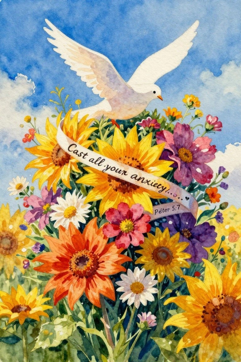Watercolor dove soaring over vibrant sunflowers and wildflowers beneath blue sky with scripture banner