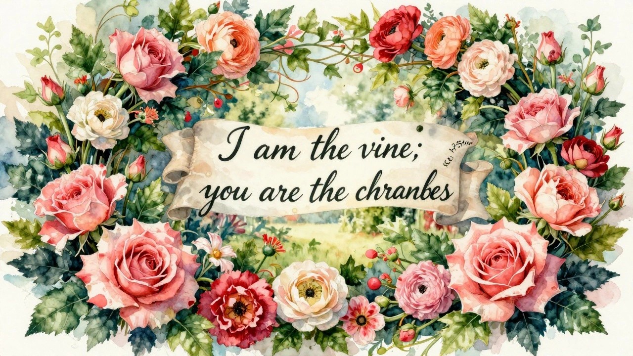 Watercolor wreath of pink and red roses encircling a ribbon banner with text