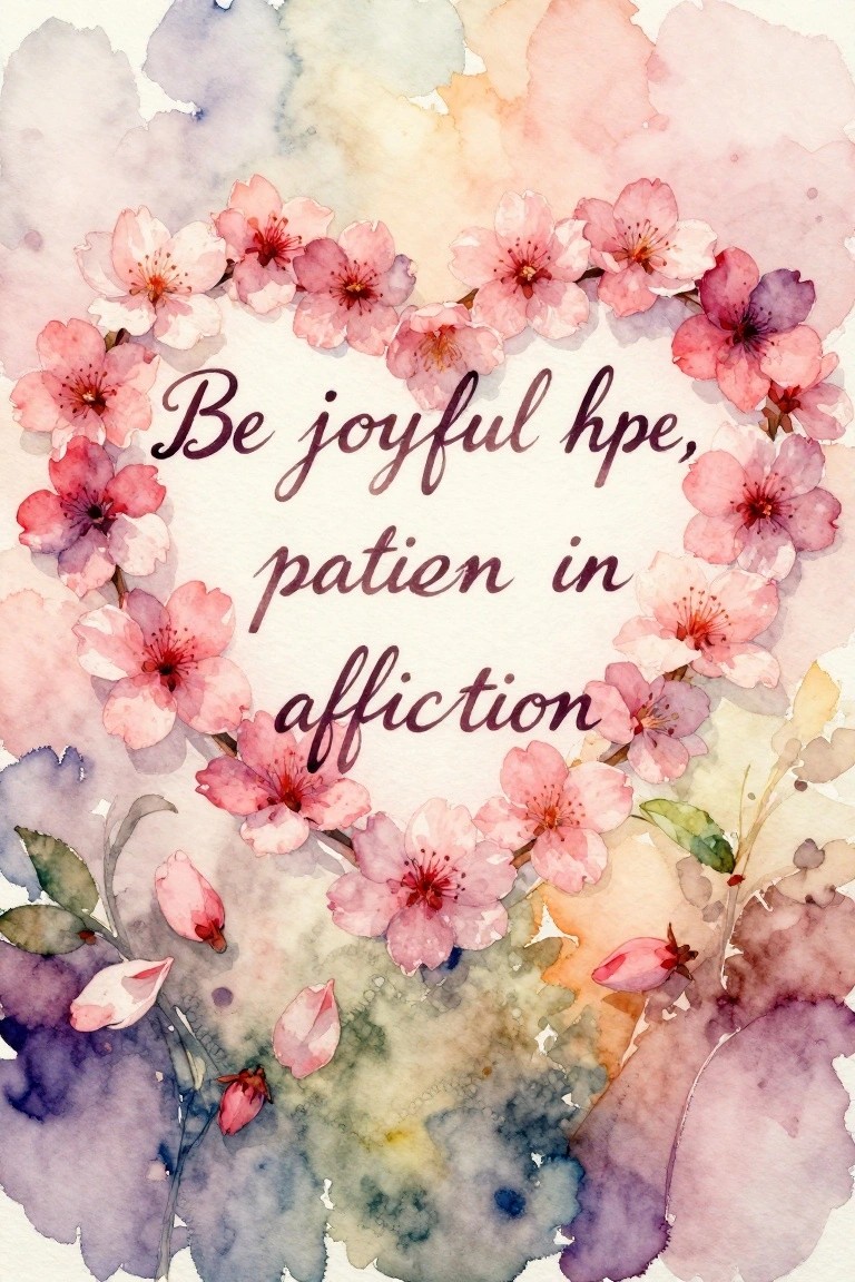 Watercolor image of pink cherry blossoms forming a heart around the text 