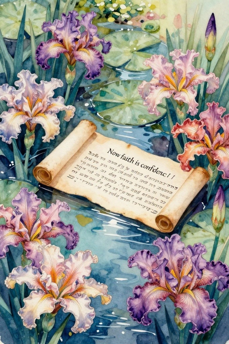 Watercolor irises surround an open scroll floating on a lily pad pond.