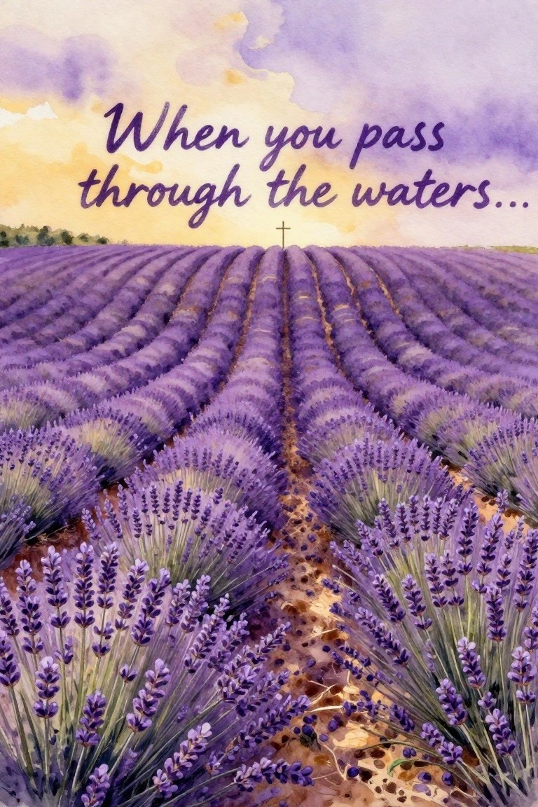 Watercolor lavender field with purple rows, dirt path, distant cross, and sky text
