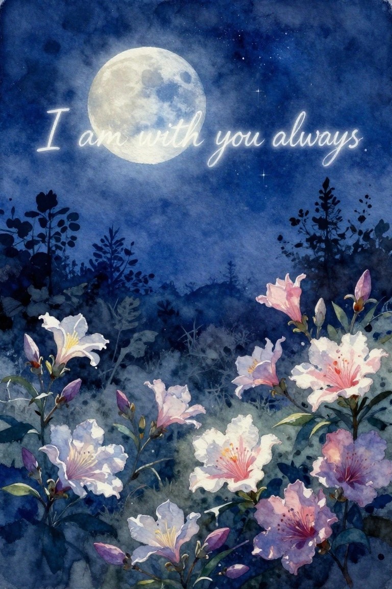Watercolor night sky with full moon, stars, and blooming pink-purple flowers below