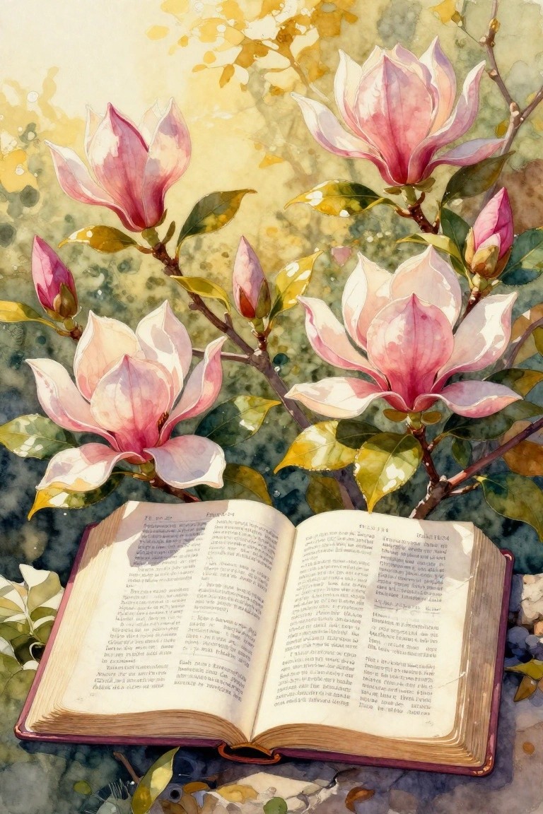 Open book beneath blooming pink magnolias on soft watercolor background