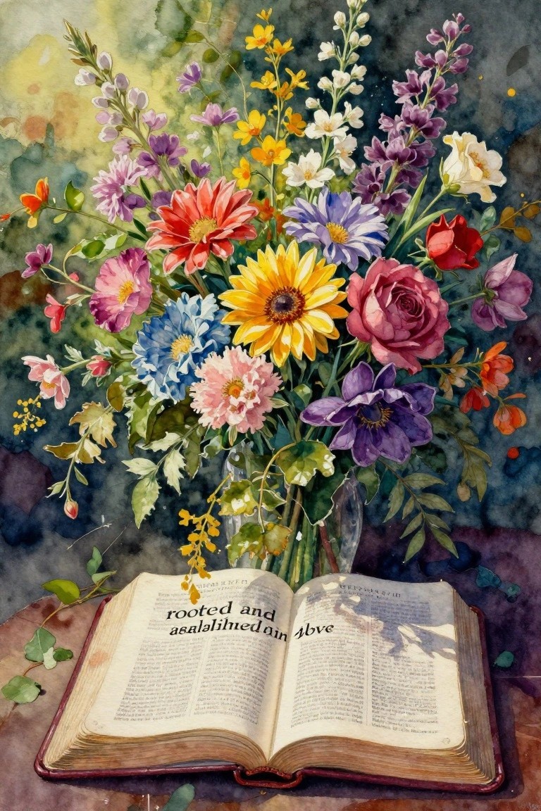 Watercolor of vibrant wildflowers in vase atop open book with visible text.