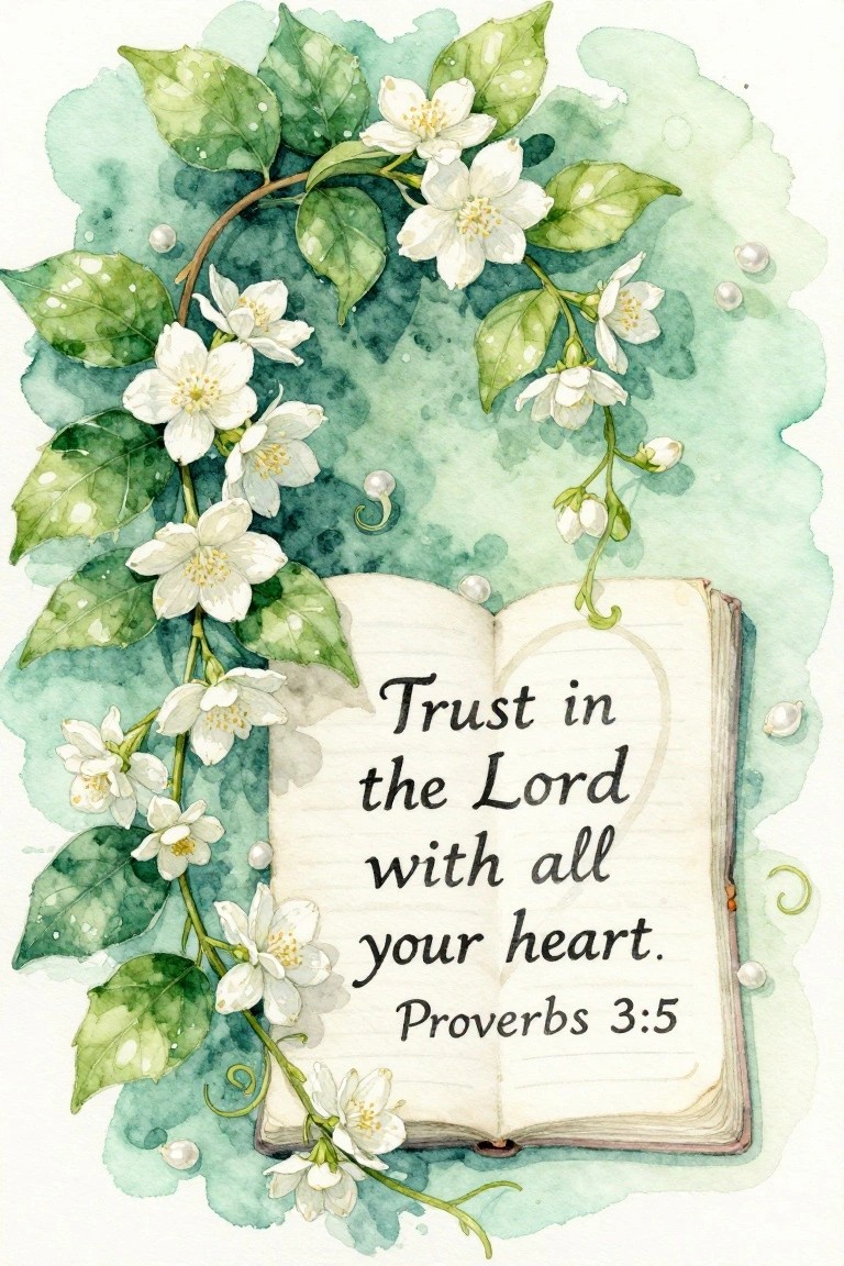 Watercolor illustration of open book with Proverbs 3:5 amid white flowers, green leaves, and pearls.