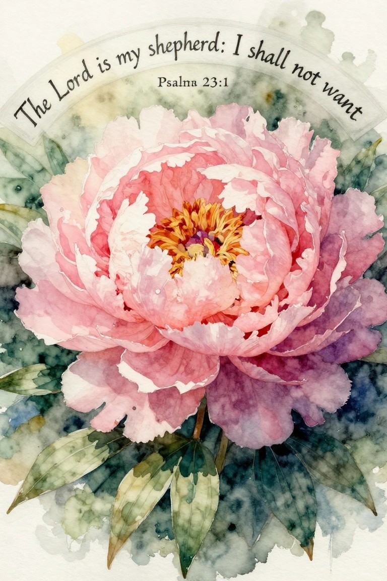 A watercolor painting of a large pink peony with green leaves and arched text reading 