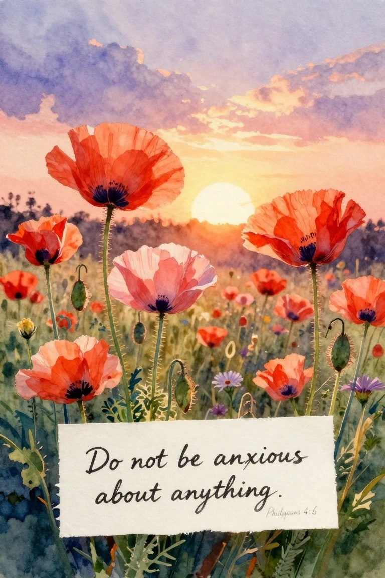 Watercolor field of red poppies at sunset with Philippians 4:6 quote overlay