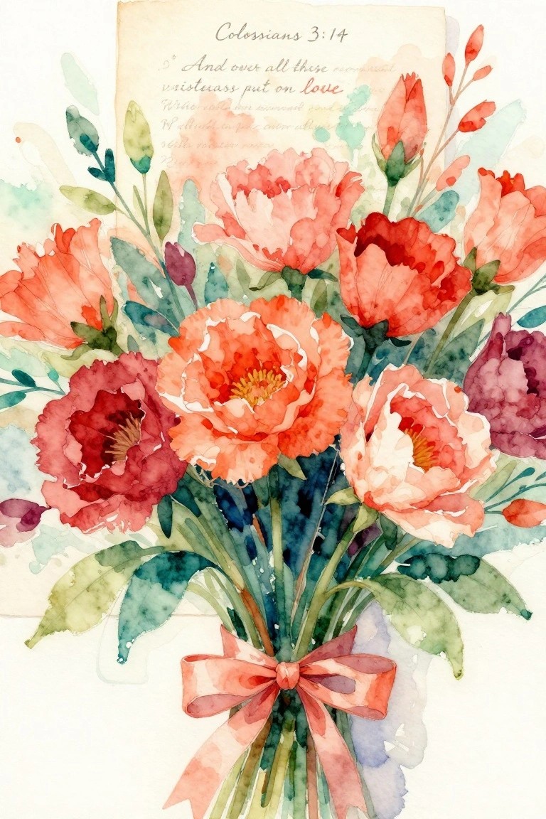 Watercolor bouquet of red peonies with pink ribbon bow and Colossians 3:14 verse.