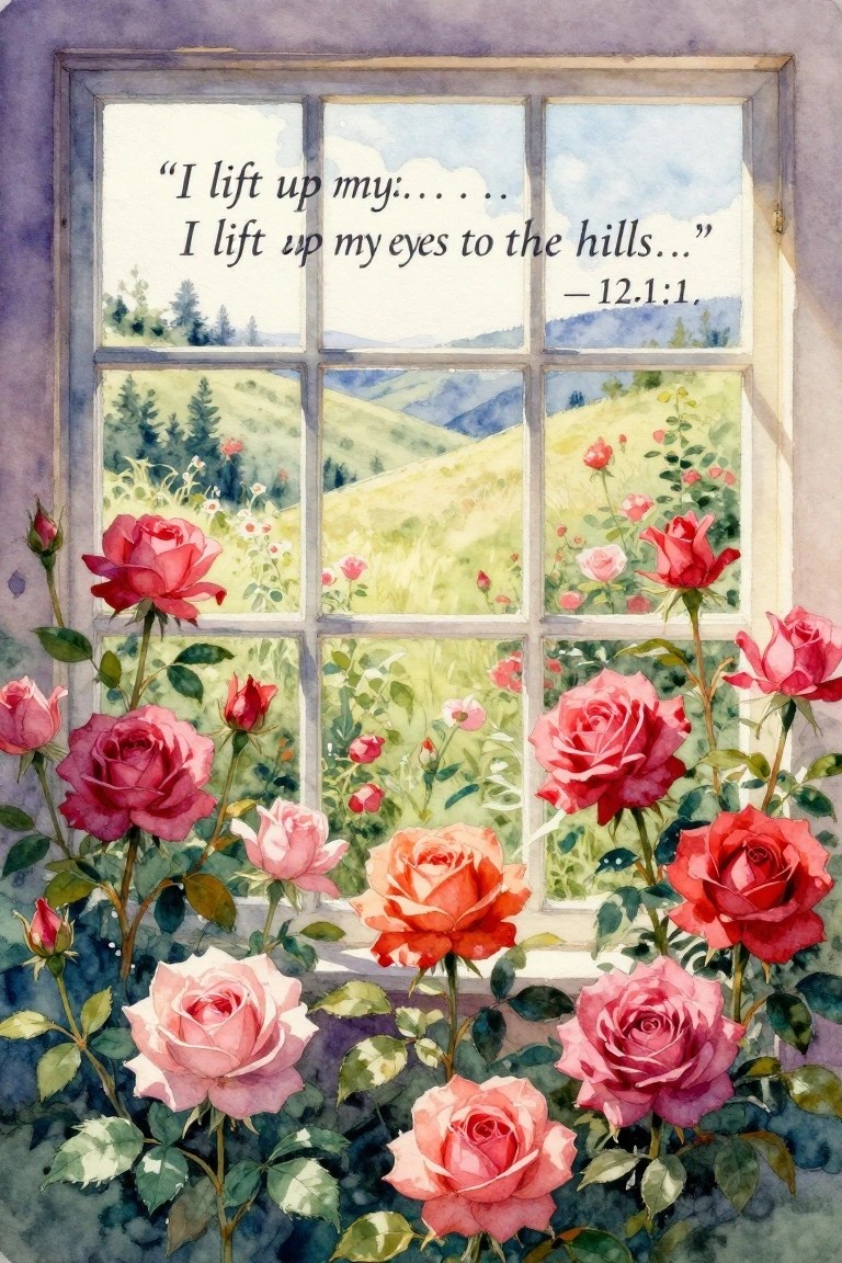 Watercolor of pink and red roses by a window overlooking green hills with a quote.