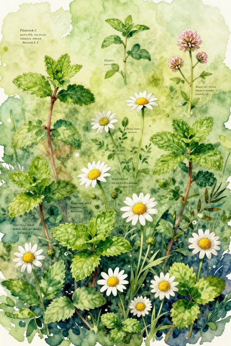 Watercolor illustration of daisies, mint, and clover with small Bible verse labels placed next to each plant on a green background.