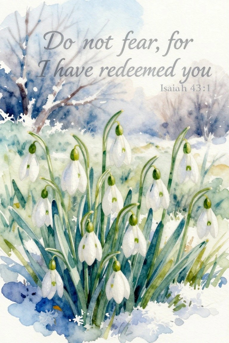 Watercolor of white snowdrops blooming in snow with Isaiah 43:1 verse overlay
